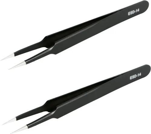 Vista 8 de Aoje-Link ESD-10 Pinzas profesionales con tecnología de precisión antiestática, punta recta no magnética, revestimiento de plástico de acero