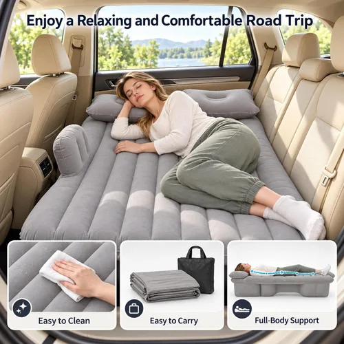 Vista 2 de Inflatable Car Air Mattress, Split Design Back Seat Car Travel Air Bed with Air Pump, Pillows & Support Column, Thickened Portable Blow Up Sleeping