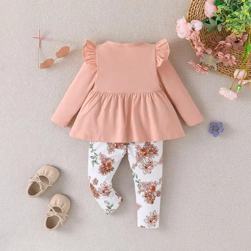 Vista 4 de Conjunto de pantalones florales de manga larga para bebés y niñas pequeñas para otoño e invierno