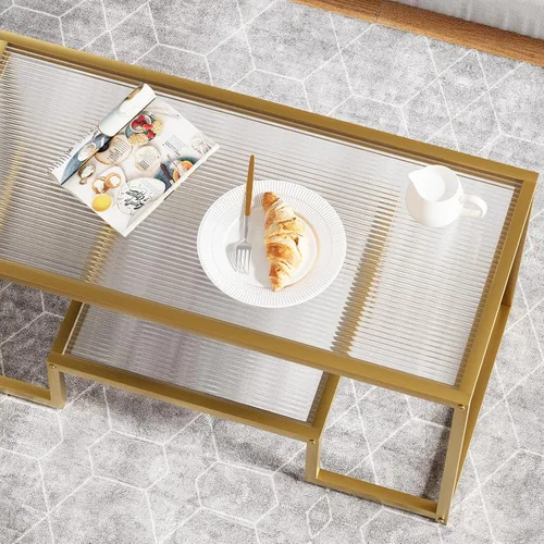 Vista 7 de Mesa de café Wolawu Mesa de café dorada de vidrio para sala de estar, mesa de centro rectangular de 2 niveles con tapa de vidrio acanalada y marco