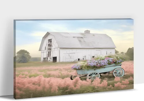Vista 32 de Arte de pared con estampado de granero blanco de granja, granero y vaca, arte de pared con imágenes de granero blanco, cuadros rústicos de campo