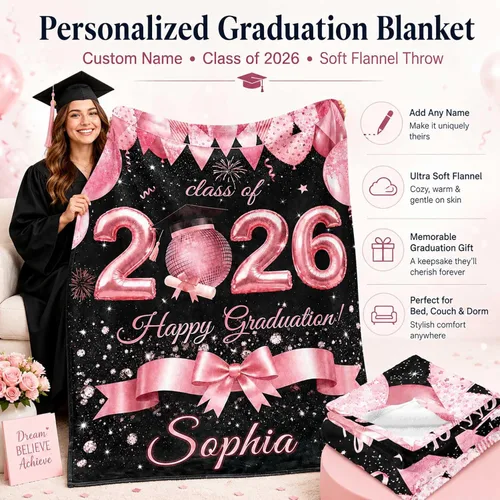 Vista 2 de Karenmok Personalized Graduation Blanket 2026, Custom Name Class of 2026 Flannel Throw Blanket