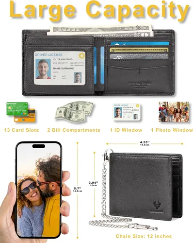 Vista 4 de Cartera de cadena para hombre con bloqueo RFID de cuero genuino plegable, Negro -, Classic