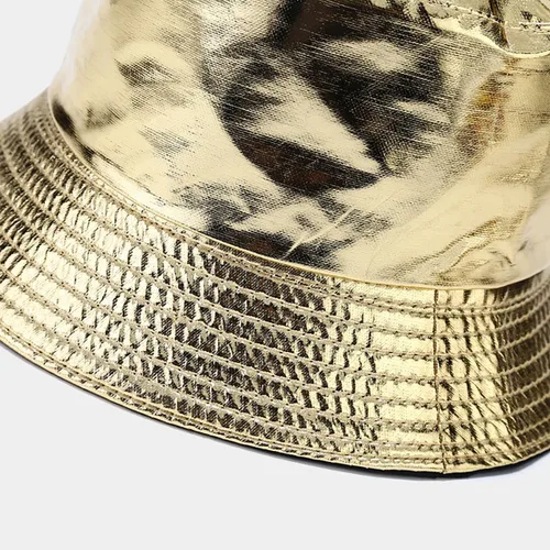 Vista 3 de yolrdiw Sombrero de cubo de cuero PU de moda unisex Gorra de pescadores impermeable reversible brillante