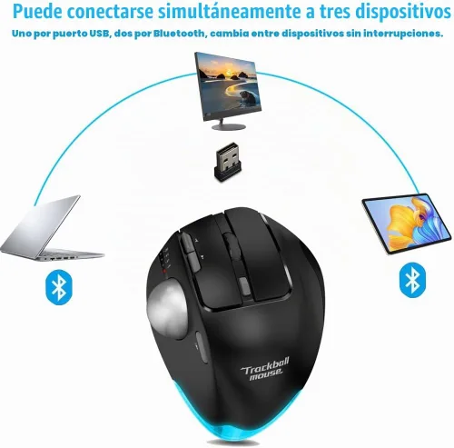 Vista 4 de zelotes Ratón de trackball inalámbrico, mouse Bluetooth, recargable, 4800 DPI, 2 en 1 (BT 5.0/3.0+2.4 GHz receptor USB), 8 botones, diseño Negro