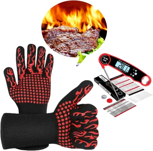 Vista 3 de Guantes resistentes al calor, guantes de barbacoa para hombres y mujeres, guantes de cocina de hasta 1472 °F + sonda termómetro de carne apagado