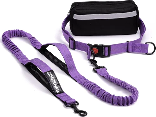 Vista 21 de Correa de perro manos libres con cinturón – Bungee sin tirones, asas acolchadas dobles y bolsa con cremallera para correr, caminar y entrenar