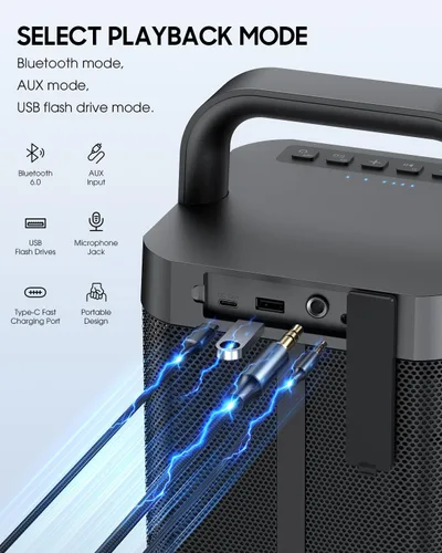 Vista 5 de COMISO Altavoz Bluetooth portátil con graves profundos, 150W de potencia máxima, altavoz impermeable IPX6 para exteriores con 12 horas