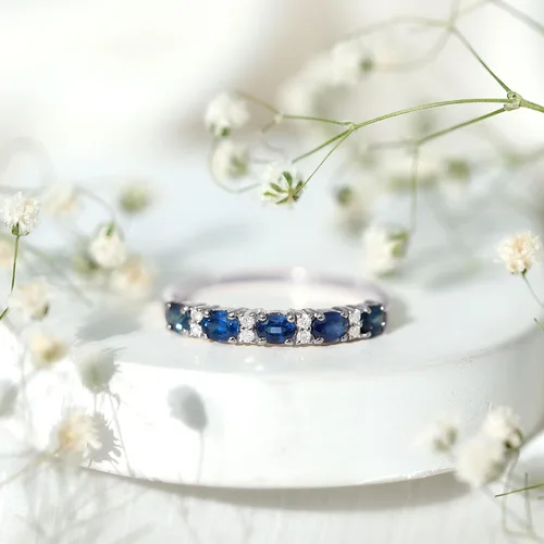 Vista 5 de Natural Blue Sapphire Diamond Wedding Band, AAA Quality, Blue Sapphire East West Ring For Women - Ideal For Gift