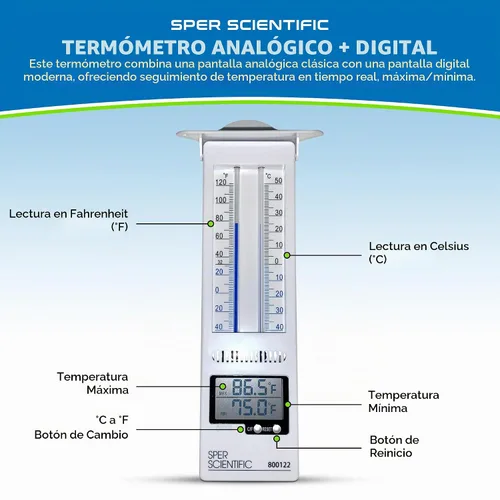 Vista 2 de Sper Scientific Termómetro analógico y digital Min/Max 800122 - Seguimiento preciso de la temperatura, diseño resistente a la intemperie, pantalla