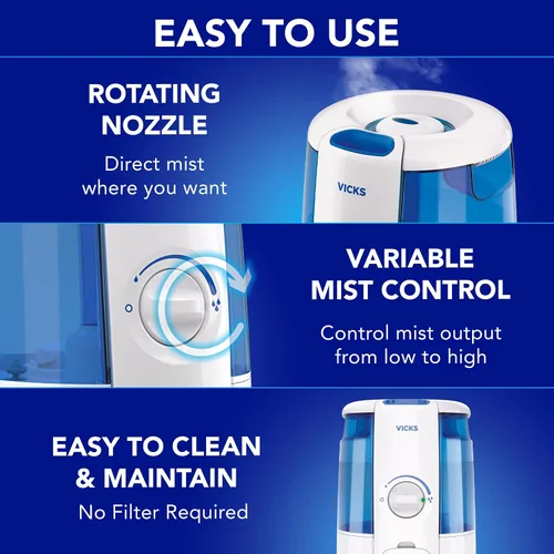 Vista 5 de Vicks CoolRelief - Humidificador de niebla fría, vaporizador de habitación pequeña a mediana para bebés, niños, adultos, 1.2 galones