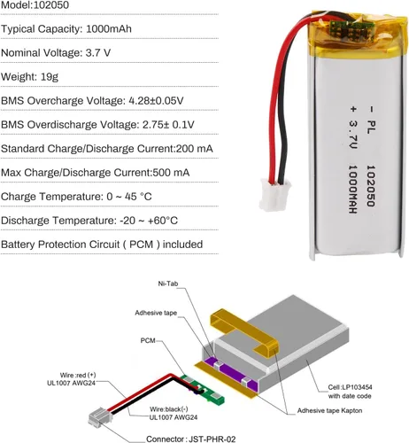 Vista 4 de Batería LiPo de 3.7V 1000mAh 102050, batería recargable de polímero de litio con conector y cable JST PH2.0.000 in, reemplazo para altavoz