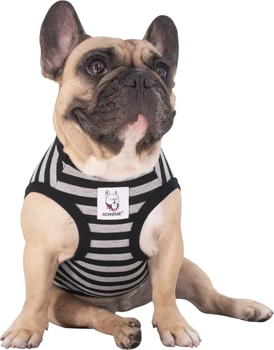 Vista 56 de iChoue - Camisetas de rayas de algodón 100% transpirable para Bulldog francés, chaleco de Halloween para perros medianos, camisetas Frenchie Pug