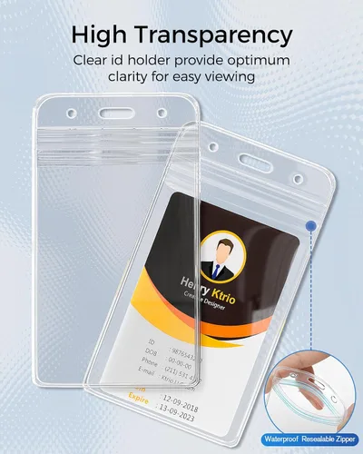 Vista 4 de KTRIO Paquete de 50 soportes verticales transparentes para tarjetas de identificación con cremallera resellable Se adapta a tarjetas estándar