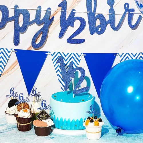 Vista 4 de Skylety Decoraciones de 1/2 de mitad de cumpleaños, traje de 6 meses, pancarta de bebé, decoración de cupcakes, bandera triangular, globos de Azul