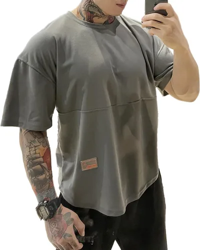 Vista 4 de maytopia Camiseta de entrenamiento de gimnasio para hombre, camisas musculares de secado rápido, ajuste holgado, camiseta atlética de manga corta