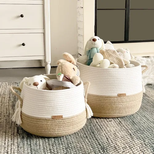 Vista 3 de R RUNKA Cesta pequeña para animales de peluche, ropa, mantas para bebé - 30 cm x 25 cm - Cestas boho para sala de estar, dormitorio, guardería