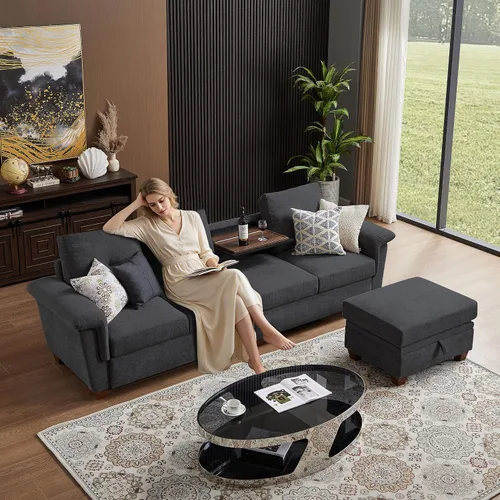 Vista 2 de Sofás seccionales de 4 asientos para sala de estar, dormitorio, oficina, sofá modular convertible en forma de L con otomana y portavasos, gris oscuro