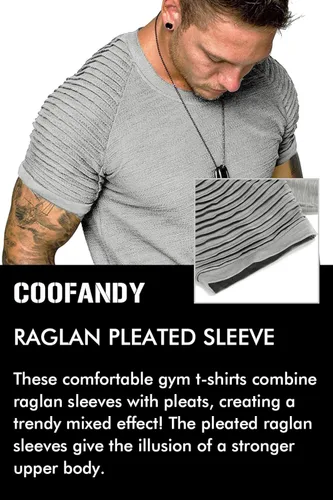 Vista 5 de COOFANDY - Camiseta muscular para hombre, camiseta de manga raglán plisada para culturismo, camisetas a la moda de manga corta para entrenar