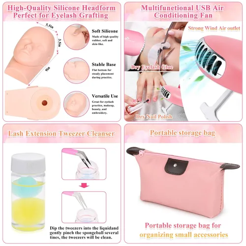 Vista 5 de Kits de extensiones de pestañas Tetutor para principiantes, kit de extensión de pestañas para principiantes con cabeza de maniquí de pestañas, kit