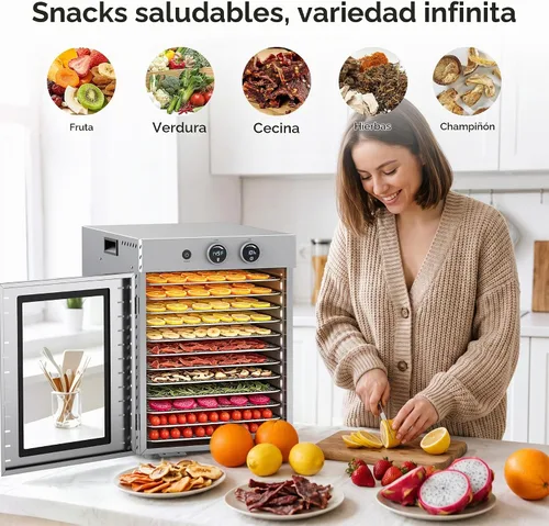 Vista 2 de VUSIGN Máquina deshidratadora de alimentos 12 bandejas de acero inoxidable 1000 W de doble ventilador de secado uniforme Control