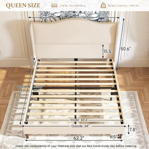 Vista 2 de koorlian Marco de Cama Tamaño Queen Cama Plataforma Tapizada con Cabecera Alta de 51" con Respaldo Alado, Tela Suave, Cama Plataforma de Estilo Beige