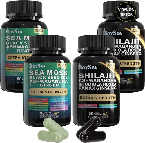 Vista 8 de Boysea. Paquete de Shilajit y Musgo Marino - 90 Unidades - Musgo Marino, Aceite de Semilla Negra, Ashwagandha, Jengibre y Shilajit, Rhodiola Rosea