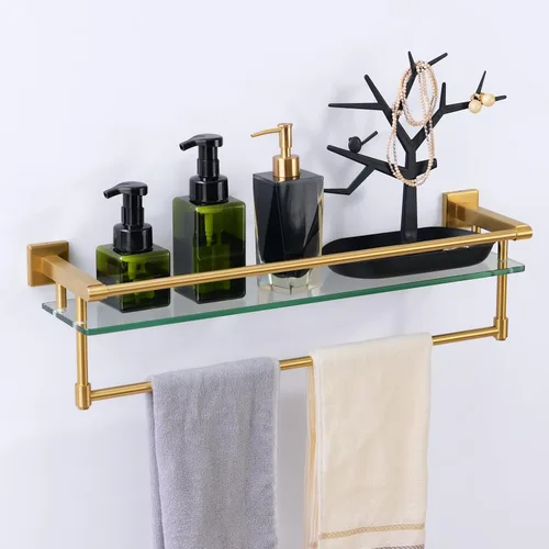 Vista 12 de Estante de vidrio para baño de 20 pulgadas, estantes de baño con barra para toallas, estantes de vidrio templado con soporte para toallas de acero