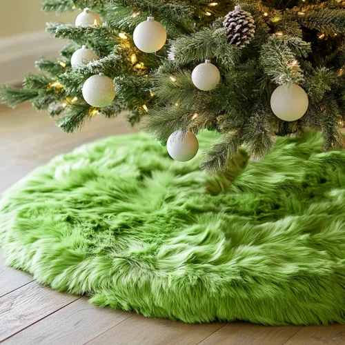 Vista 6 de AISENO Falda de árbol de Navidad de 60 pulgadas, decoración navideña de felpa de piel sintética beige para árbol de Navidad, fiesta festiva