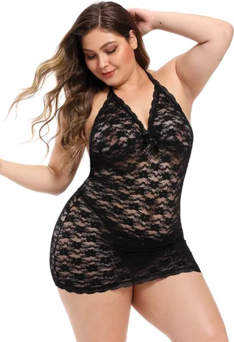 Vista 6 de Lencería sexy de talla grande para mujer lencería de encaje halter ropa interior de malla