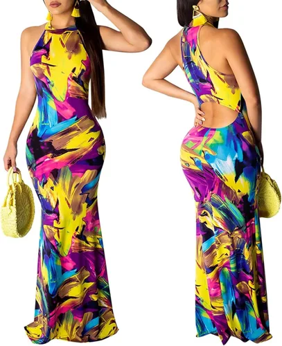 Vista 4 de Vestido largo para mujer, sin mangas, con cuello halter y abertura en la espalda, estampado floral y vintage, para fiestas, la playa y para la noche.