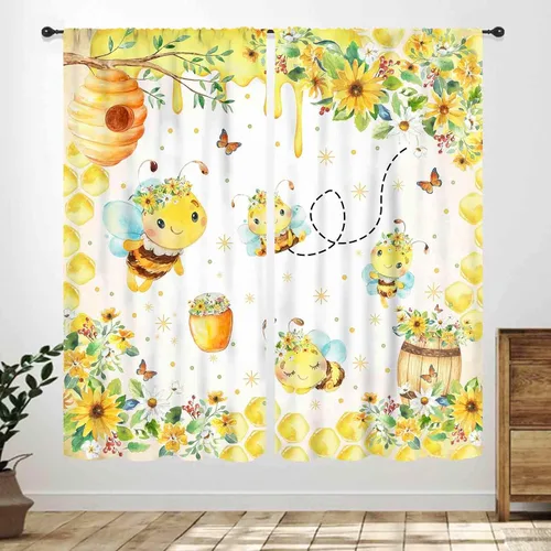 Vista 13 de Cortinas infantiles de abejas, cortinas de campo de primavera de acuarela de girasoles florales de nido de abeja, adorables abejas, cortinas