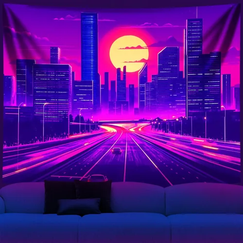 Vista 12 de NYZE Tapiz de luz negra de ciudad, tapiz de anime japonés, juego punk, fantasía, vista nocturna, paisaje urbano, arte futurista, neón, tapices