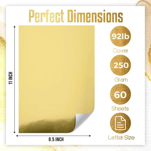 Vista 2 de Papel de cartulina dorado metálico, 60 piezas de 8.5 x 11 pulgadas (250 GSM) - Tablero de papel de aluminio dorado, superficie con acabado espejo