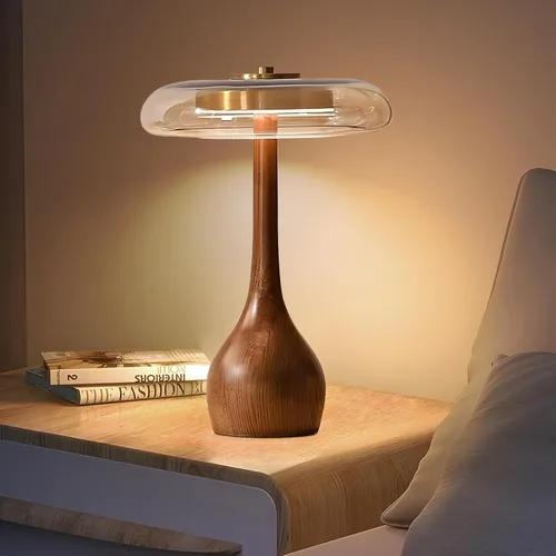 Vista 9 de Lámpara de mesa pequeña para dormitorio - lámpara de mesa con base de madera en forma de hongo lágrima, pantalla de vidrio ámbar, LED de tres