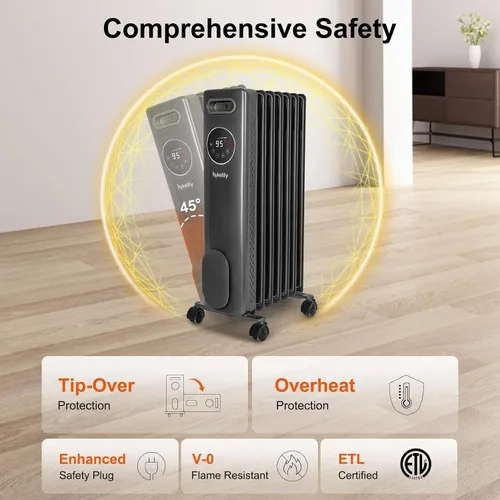 Vista 5 de hykolity - Radiador eléctrico de aceite, portátil, de 1500 W. Calentador radiante para toda la habitación con termostato ajustable, control remoto