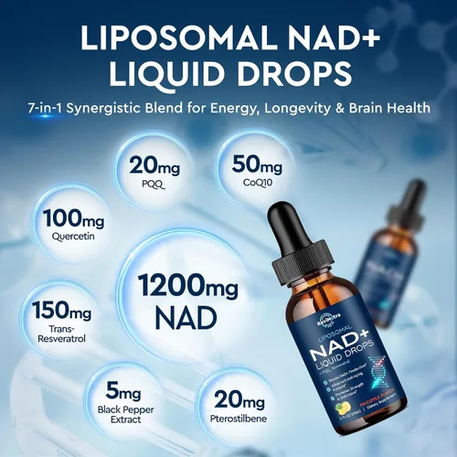 Vista 2 de Suplemento liposomal NAD – 1200 mg NAD+ gotas líquidas para mujeres y hombres, ribósido de nicotinamida con resveratrol, PQQ, CoQ10, quercetina