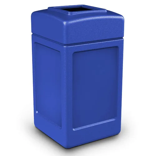 Vista 2 de Commercial Zone Products 732104 Contenedor de basura cuadrado, azul, de 42 galones y 732101 con tapa abierta, para interiores y exteriores