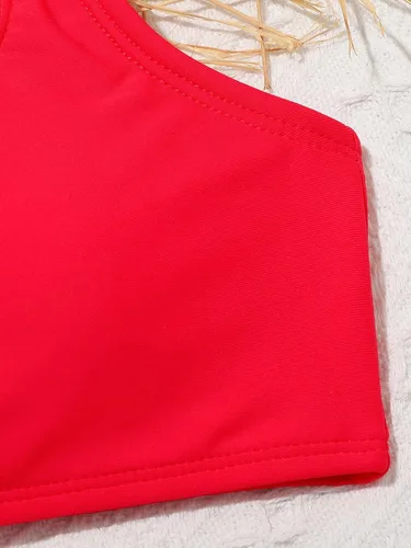 Vista 4 de OYOANGLE Traje de baño de dos piezas para niña, conjunto de bikini con cuello redondo, conjunto de bikini básico sólido