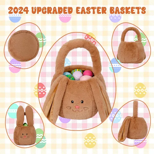 Vista 2 de OurHonor Cesta de Pascua de felpa, cesta de Pascua de conejo para niños, cubos de felpa con bolsas largas para las orejas para niños y niñas, bolsas
