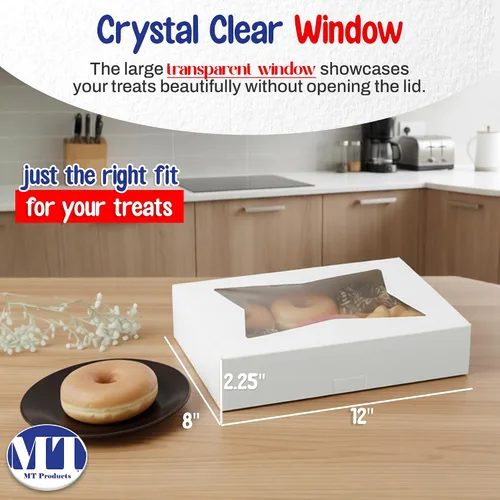 Vista 2 de MT Products 12" x 8" x 2.25" White Bakery Boxes with Window (5 Pack) - Auto Pop-Up Paperboard Treat Boxes for Chocolate Covered Strawberries