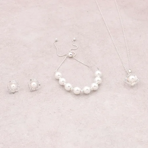 Vista 5 de Juego de joyas para dama de honor para boda, chapado en oro de 18 quilates, oro rosa, plata con colgante trilateral con collar de perlas