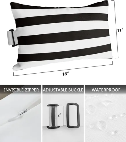 Vista 3 de Almohada de exterior para tumbona, diseño de rayas simples en blanco y negro, impermeable, almohada lumbar con inserto y correa elástica ajustable