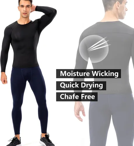 Vista 2 de 3 Pack Men's Athletic Long Sleeve Compression Shirts Base-Layer Quick Dry Workout T Shirts Football Running Tops