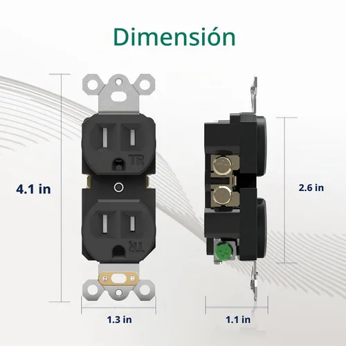 Vista 4 de Toma eléctrica dúplex 15A 125V TR, 2 polos 3 cables, listado UL, 10 Negro