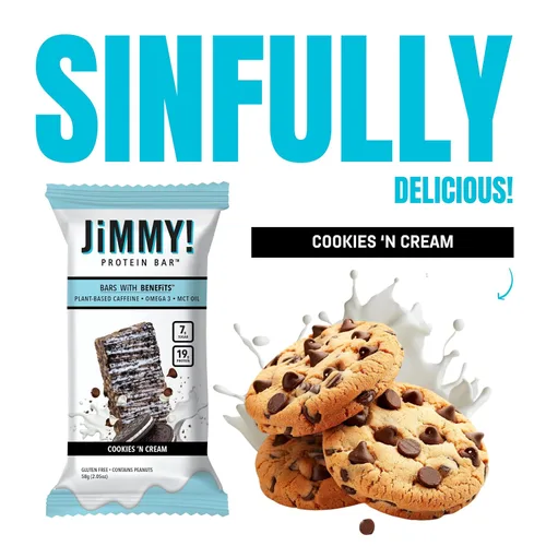 Vista 5 de JiMMY! Barras con Beneficios, Barra de Proteína, Cookies 'N Cream, 12 Barras, 2.05 oz (58 g) Cada Una