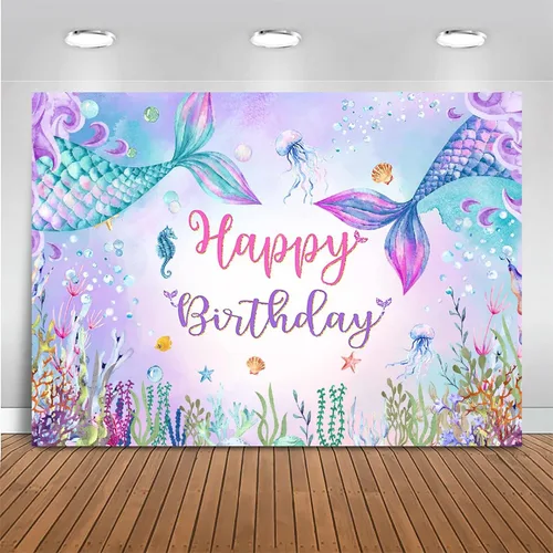 Vista 9 de Mocsicka Telón de fondo de cumpleaños de sirena de 7 x 5 pies, decoración de fantasía bajo el mar, decoración para niñas, fondo de fotografía
