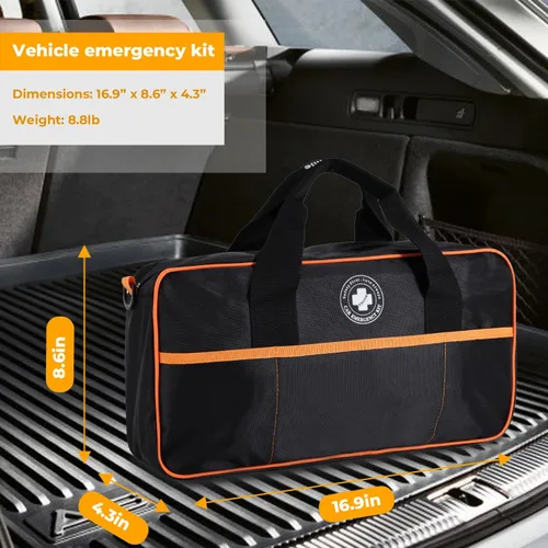Vista 4 de Kit de emergencia todo en uno para automóvil con inflador digital de neumáticos, cables de puente, correa de remolque, triángulo reflectante, kit