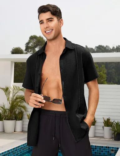 Vista 8 de LecGee Camisa de vestir de manga larga para hombre, estilo hippie, barroco, para fiesta, club, con botones, para hombre