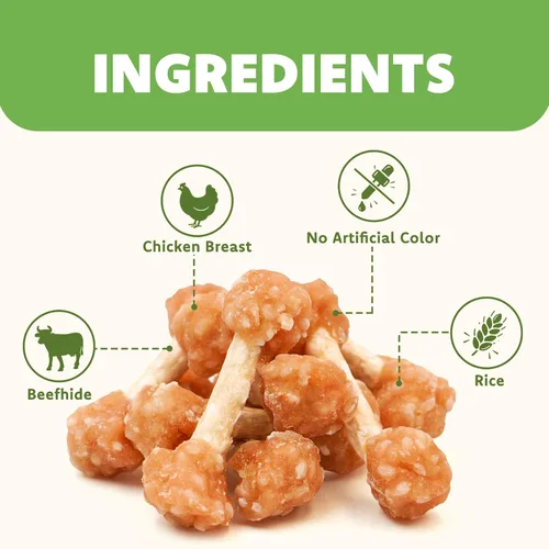 Vista 3 de MON2SUN Golosinas para perros, mini masticables de cuero crudo de 9 onzas, mancuernas de pollo con arroz para perros pequeños y razas de juguete